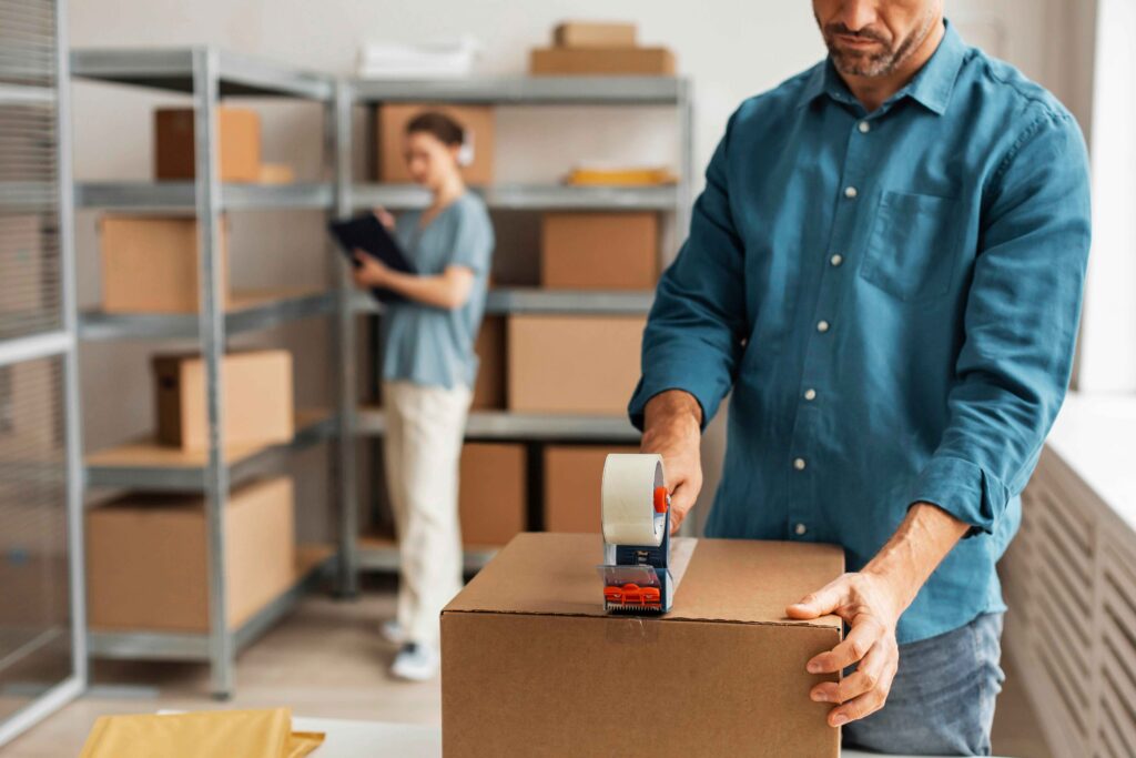 A man is packing boxes in the warehouse.